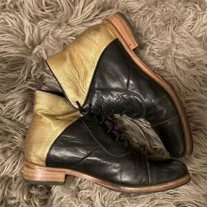 Handmade Two-Tone Black and Gold Leather Lace-Up Boots